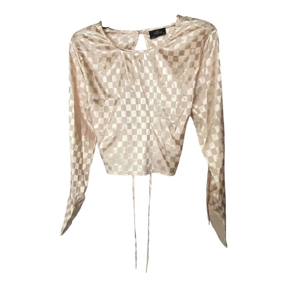 Milk & Honey Size L Open Back Lace Up Long Sleeve Top Beige Cream Checkerboard